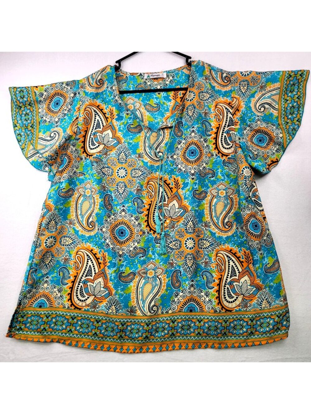 Lapogee Boho Paisley Tunic Top Plus 3X Blue Orange Festival Feminine Psychedelic